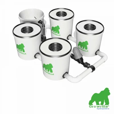 Sistema idroponico RDWC PRO 4 vasi Growrilla Hydroponics render con tubi e logo gorilla idroponica
