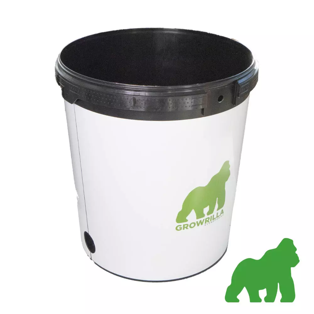 Vaso RDWC 2.0 Growrilla Hydroponics secchio bianco con bordo nero e logo gorilla foro in linea idroponica