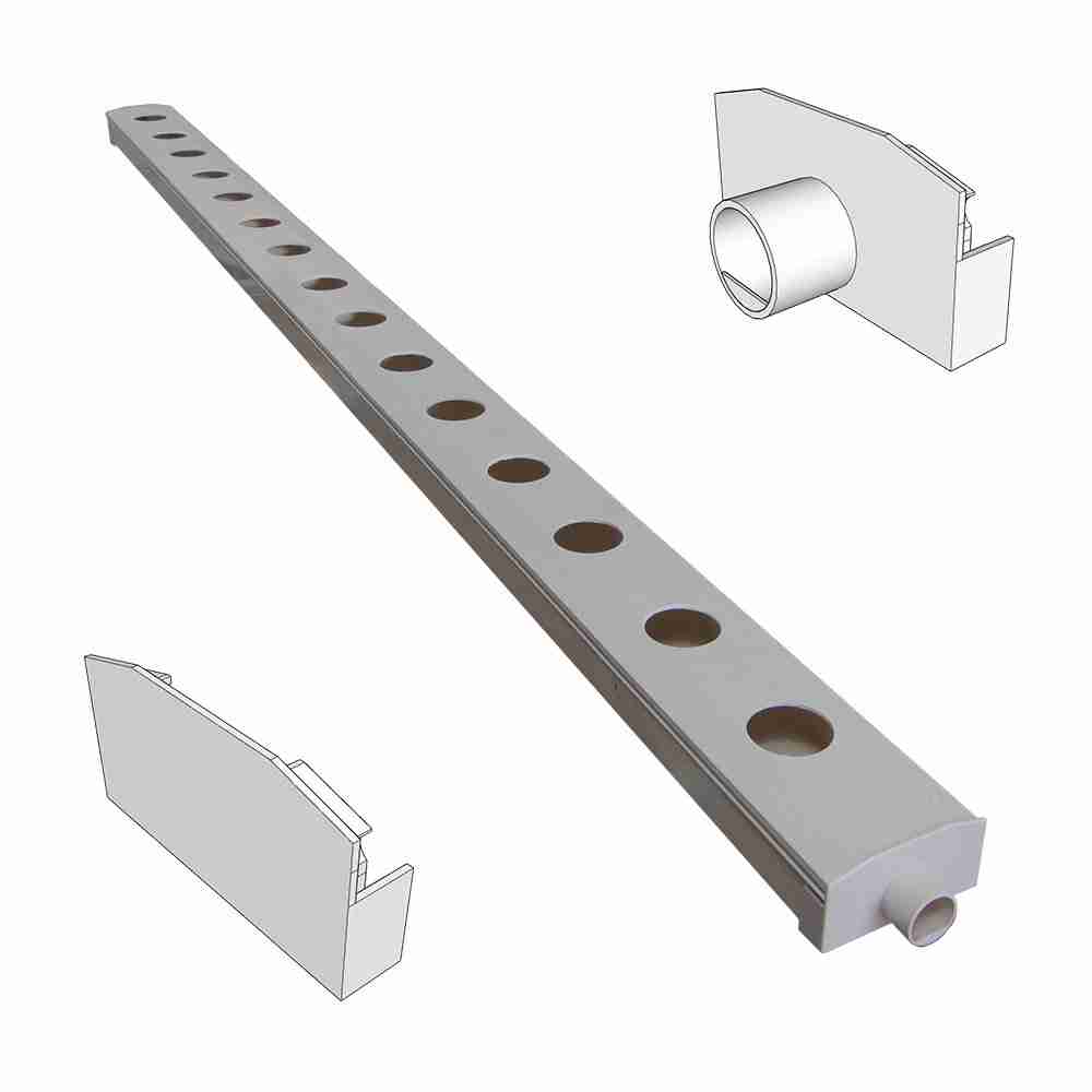 Canalina NFT idroponica 100x50 mm con tappo drenaggio e 15 fori per vasi a rete idroponica