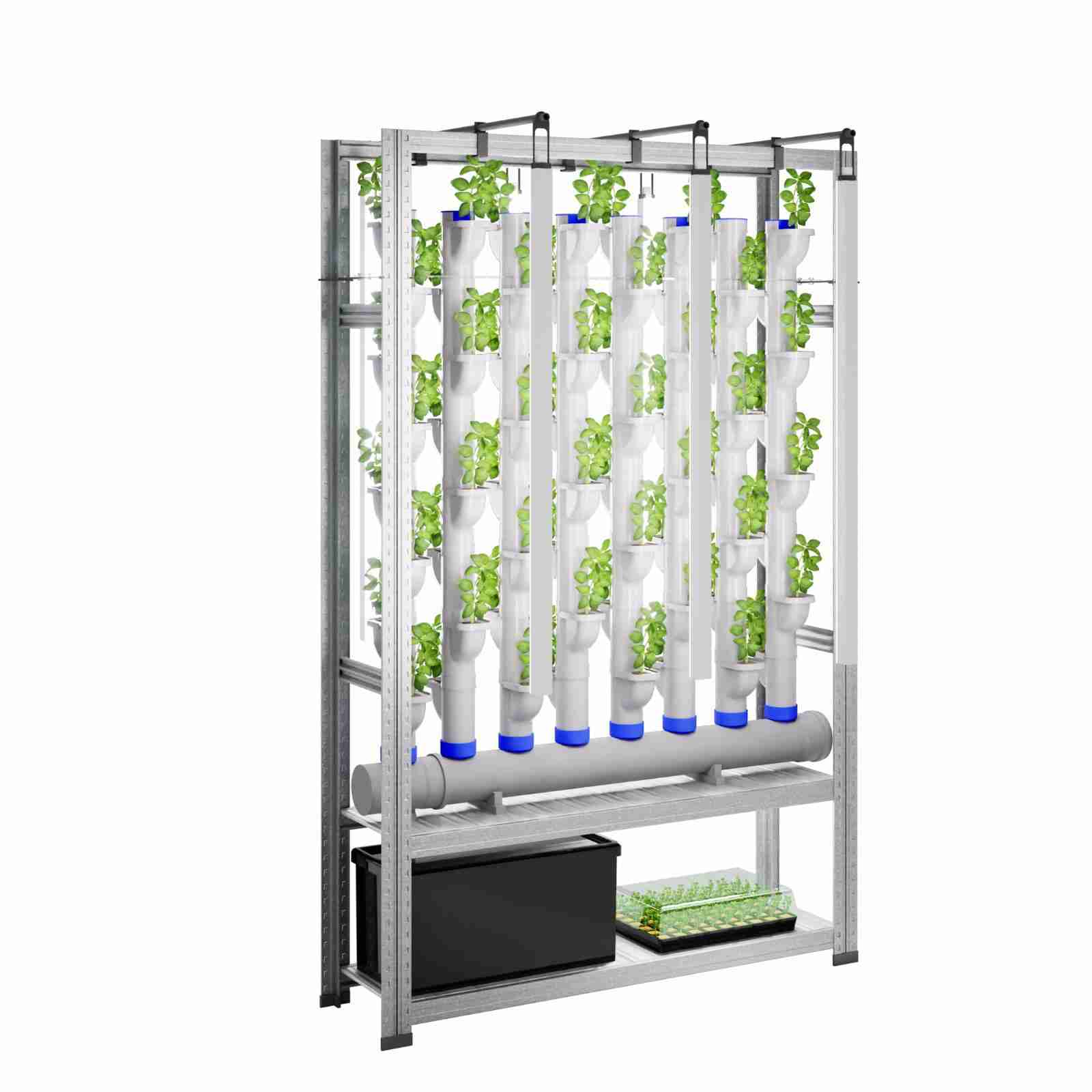GrowPipes parete idroponica con torri verticali e lattughe: vista frontale del modulo per vertical farming