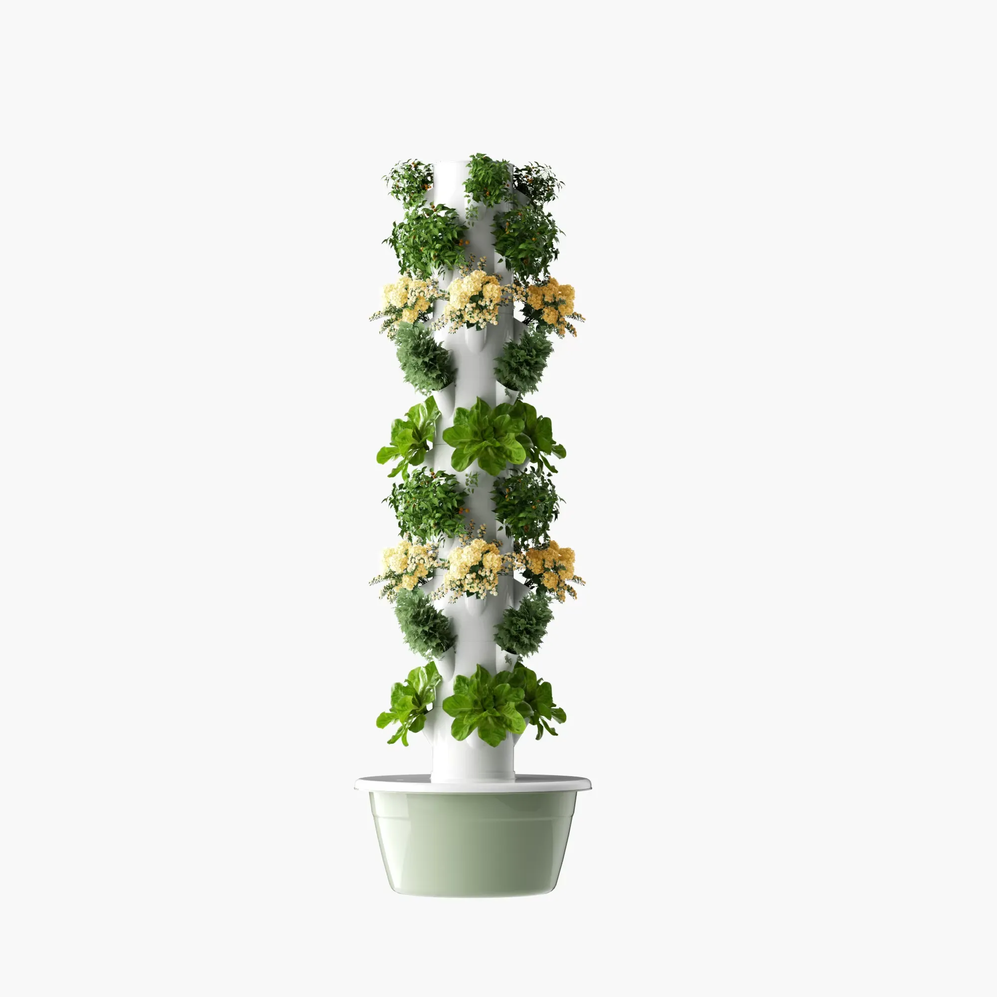 Torre aeroponica verticale carica di fiori, insalata ed erbe aromatiche: coltiva in casa senza suolo e con poca acqua