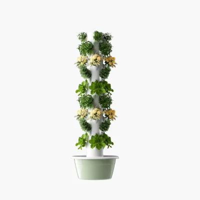 Torre aeroponica verticale carica di fiori, insalata ed erbe aromatiche: coltiva in casa senza suolo e con poca acqua