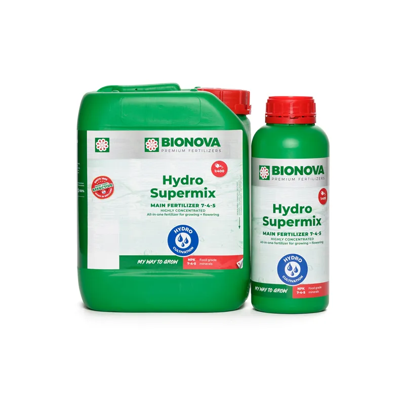 Bionova Hydro Supermix NPK 7-4-5: tanica 5L e bottiglia 1L, fertilizzante completo crescita e fioritura in idroponica