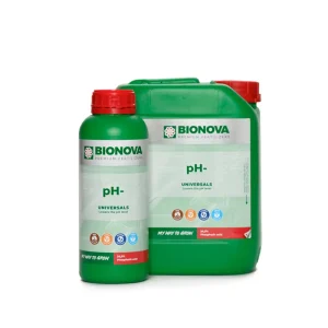 Gamma Bionova pH- Universals: bottiglia 1L e tanica 5L affiancate, correttori per abbassare il pH in idroponica e acquaponica