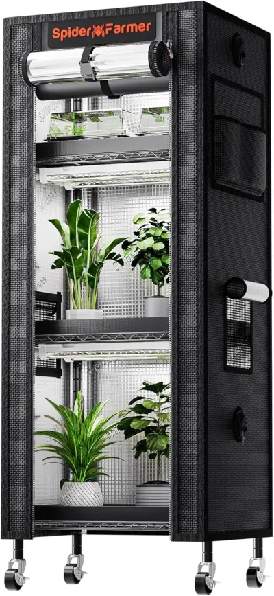Spider Farmer Indoor Grow Cabinet: vista interna con piante e barre LED accese su piu ripiani per coltivazione domestica