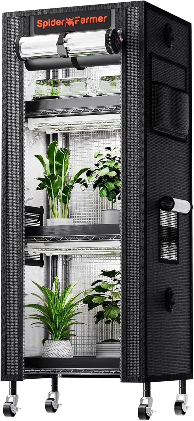 Spider Farmer Indoor Grow Cabinet: vista interna con piante e barre LED accese su piu ripiani per coltivazione domestica